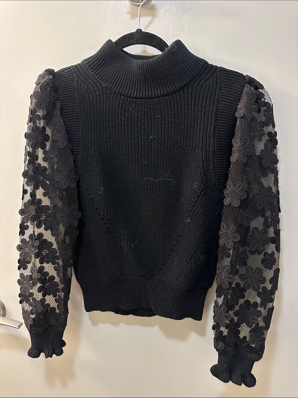 French Connection Black Turtleneck Sweater with Floral-Appliqué Sheer Sleeves